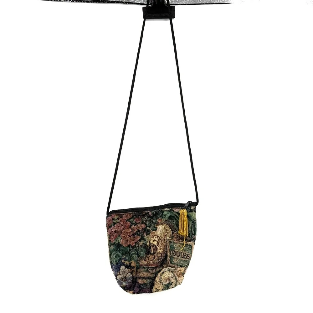 Small Vintage Tapestry Purse Floral Design with Shoulder Strap yellow tassel‎